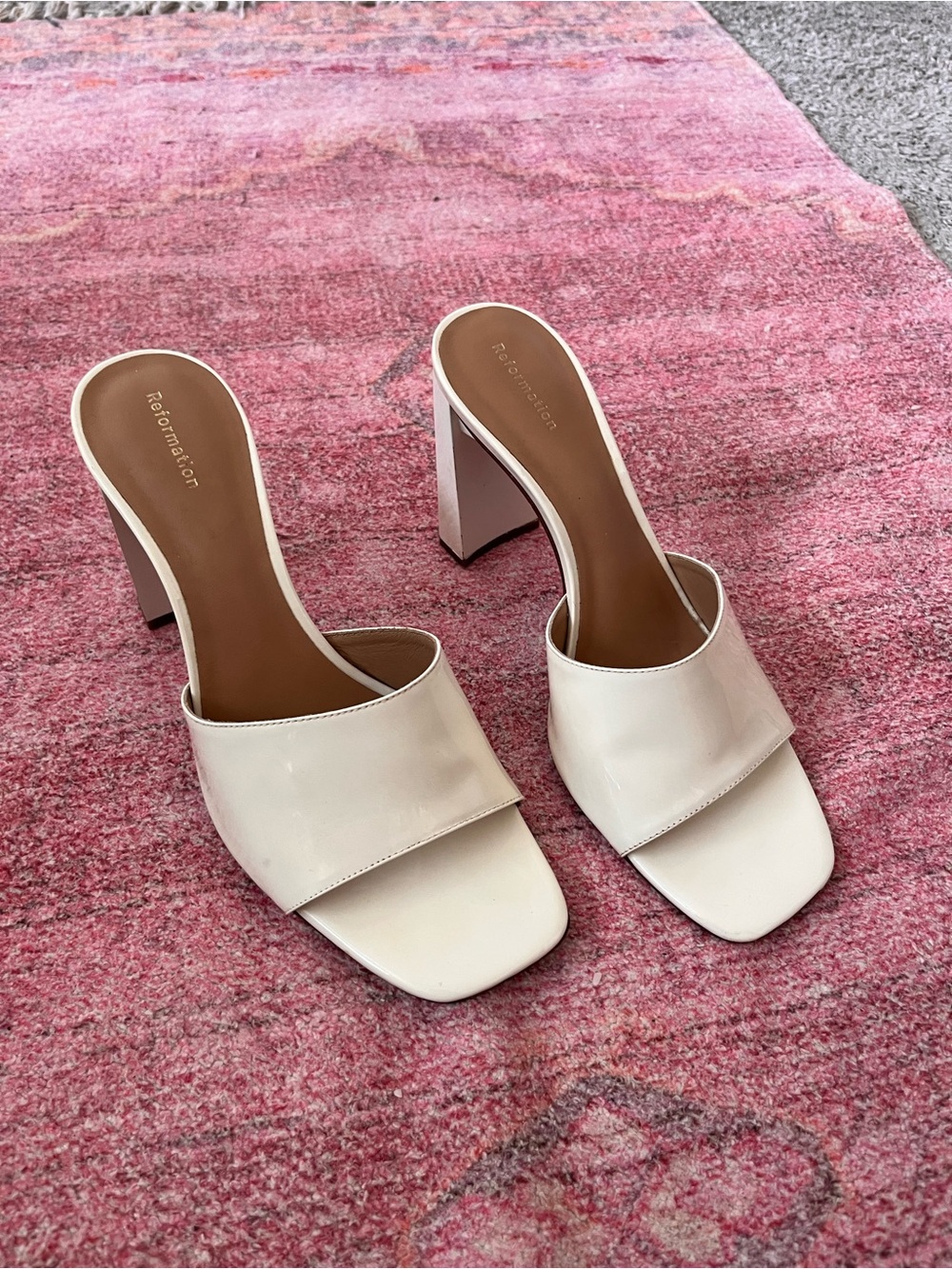 Reformation Ivory Open‑Toe Block Heel Mules
